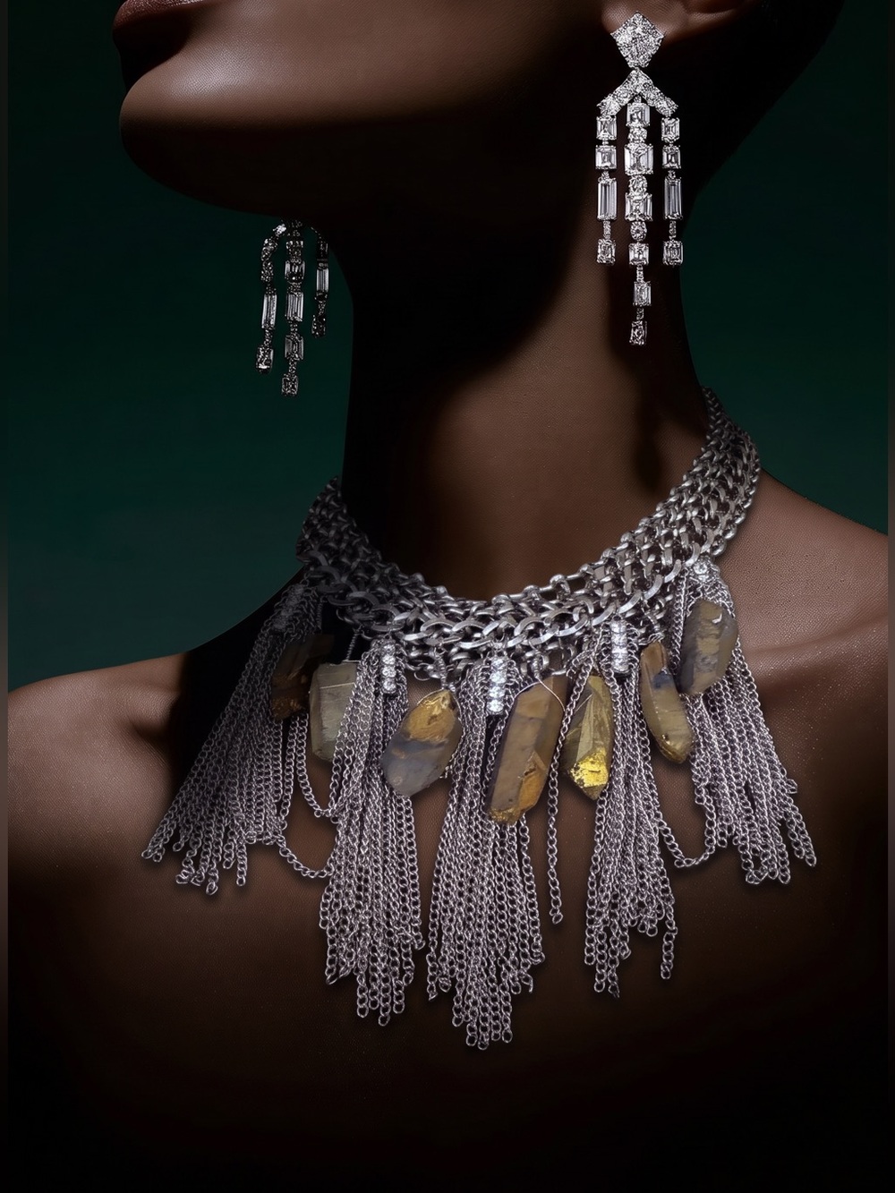 Rare Berry Statement Necklace | Silver Chain Crystal Fringe Bib